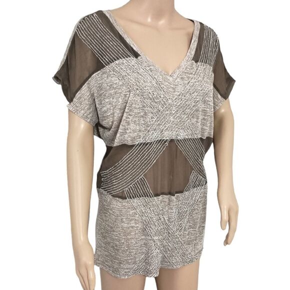 Y2K MISS ME Sheer Beaded Top S Short Sleeve Striped Relaxed V Neck Jersey Knit. - Picture 3 of 16